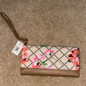Floral Wristlet Clutch - Cream and Brown, NEW